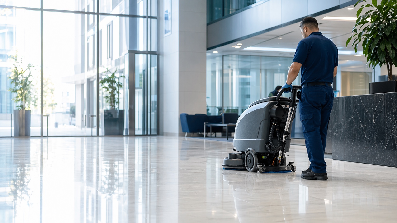 Professionelle Bodenreinigung in einer modernen Gewerbelobby